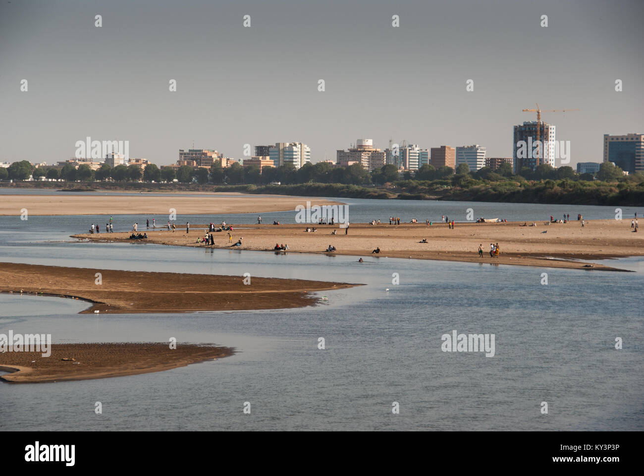 Nile, people and Khartoum seen from Tuti Island, Sudan Stock Photo