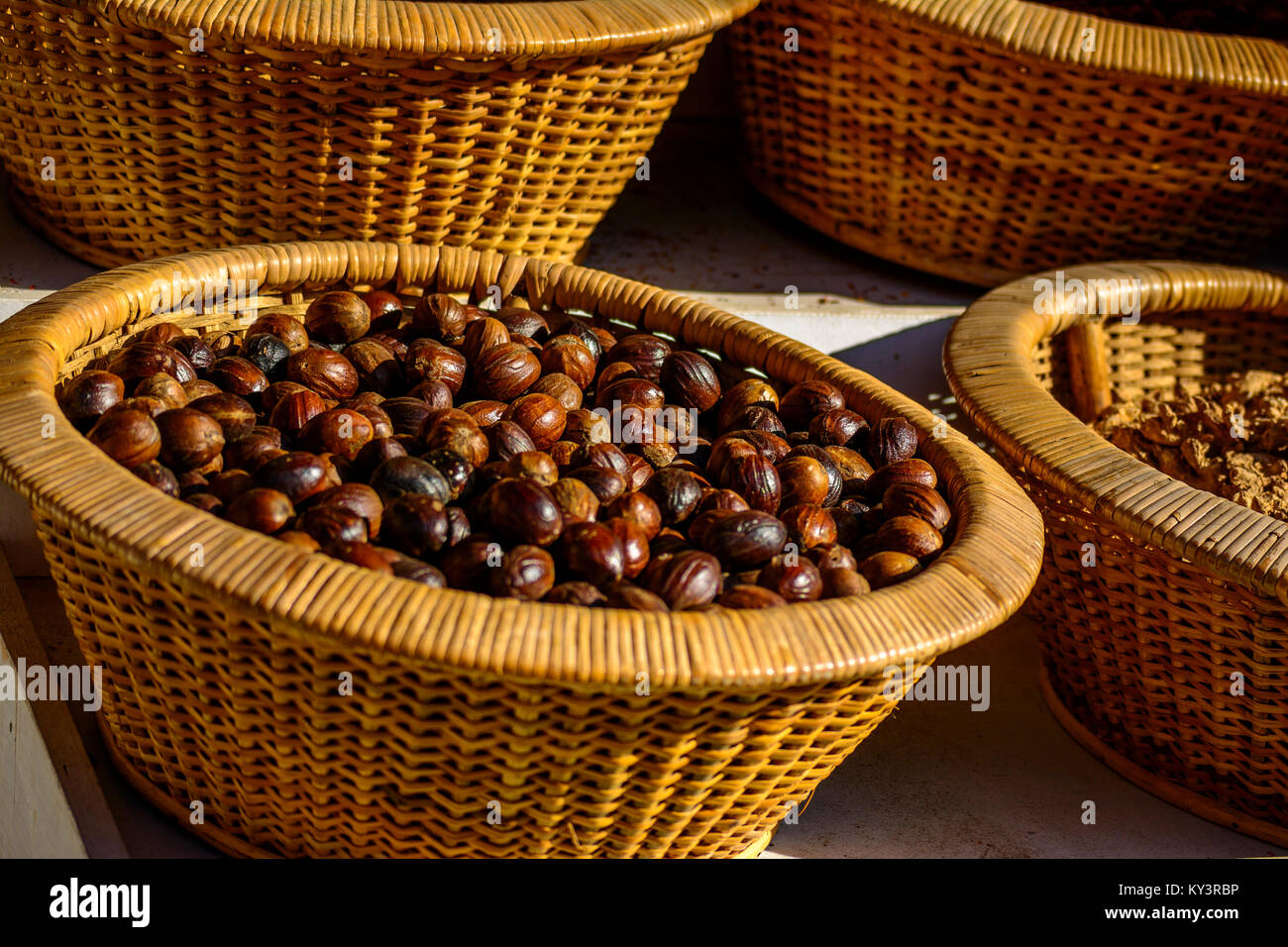 Kerala Spices in traditional bamboo basket Stock Photo