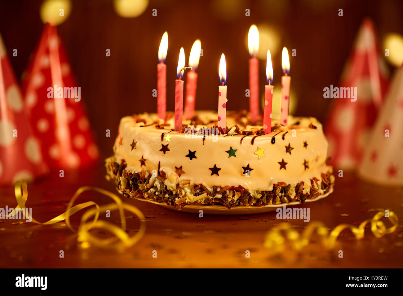 Happy birthday cake with candles Stock Photo Alamy