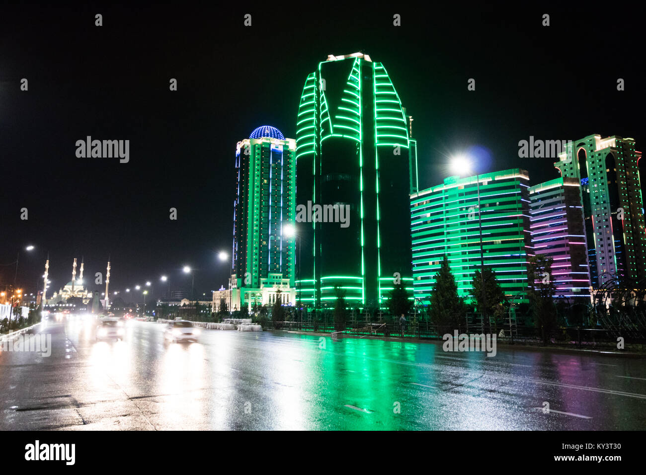Grozny City skyscrapers at night, Grozny at night, Chechnya, Russia Stock Photo