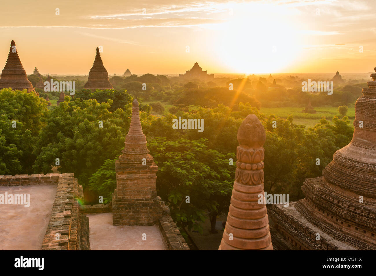 Beautiful sunrise over the ancient pagodas in Bagan, Myanmar Stock Photo