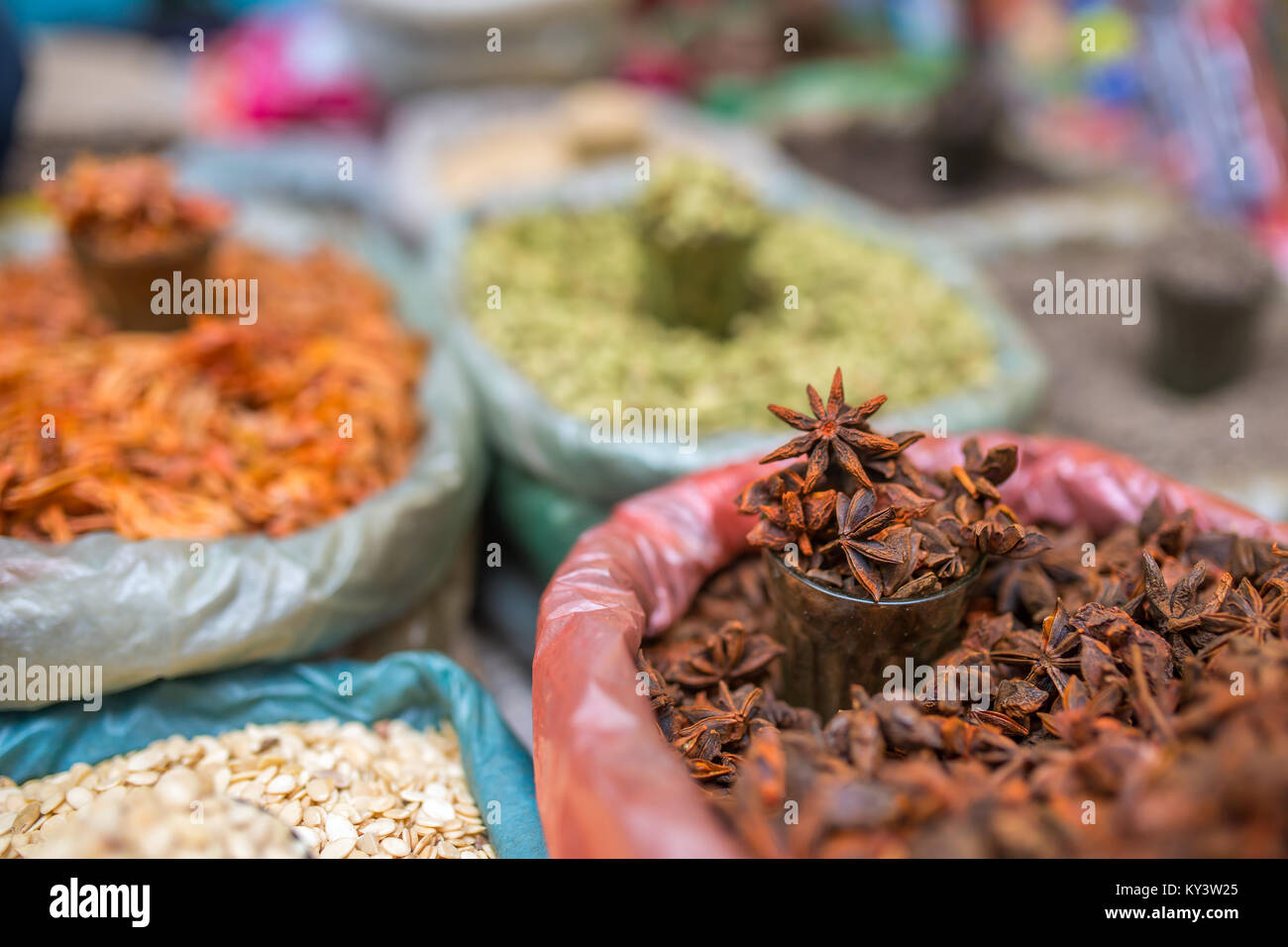 Close-up star anise and other spices on indian market stall Stock Photo