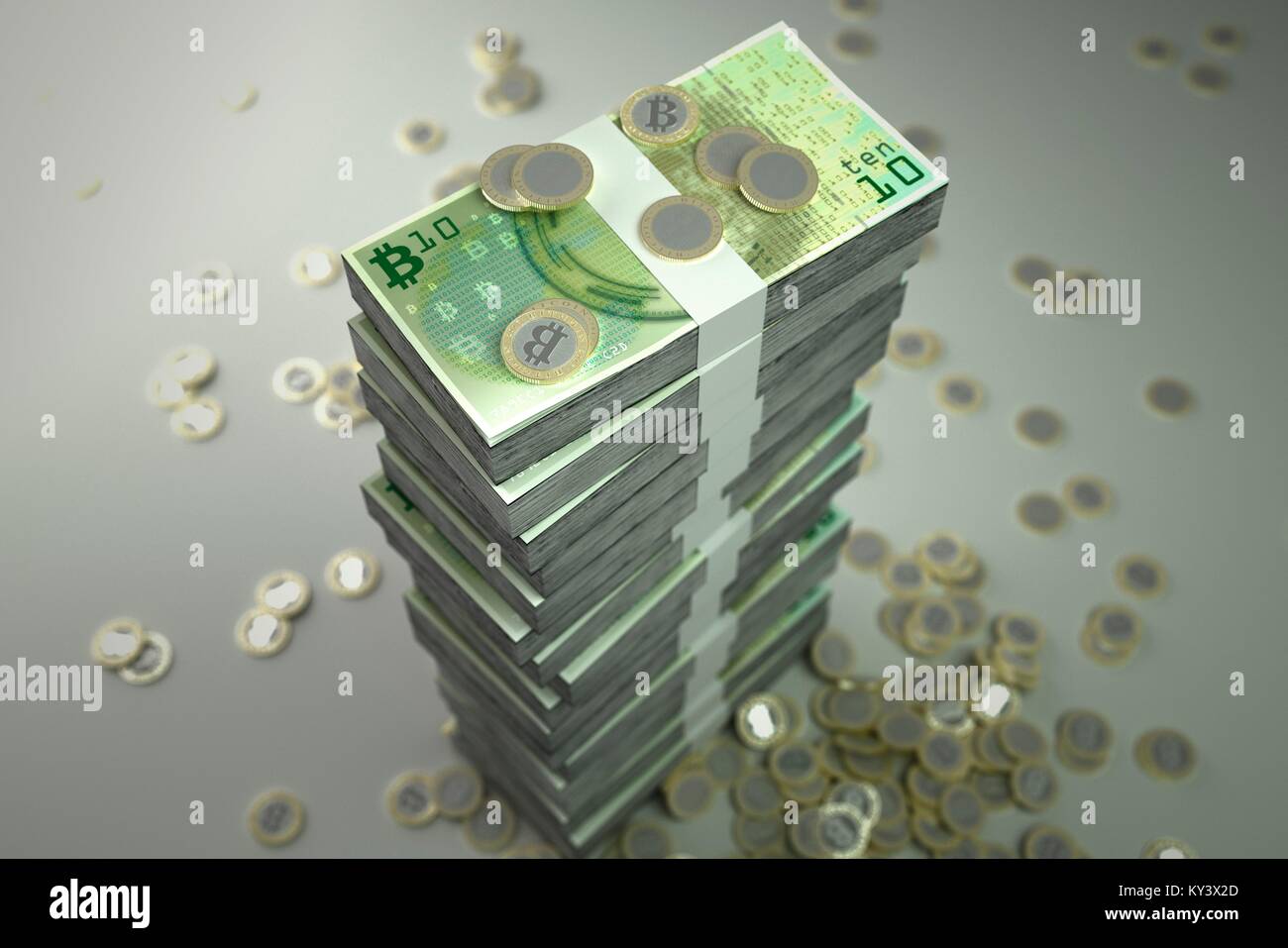 Conceptual illustration representing the bitcoin cryptocurrency as minted coins and printed bills. Bitcoin is a type of digital currency, created in 2009, which operates independently of any bank. Certain vendors now accept Bitcoins as payment of goods or services. Stock Photo