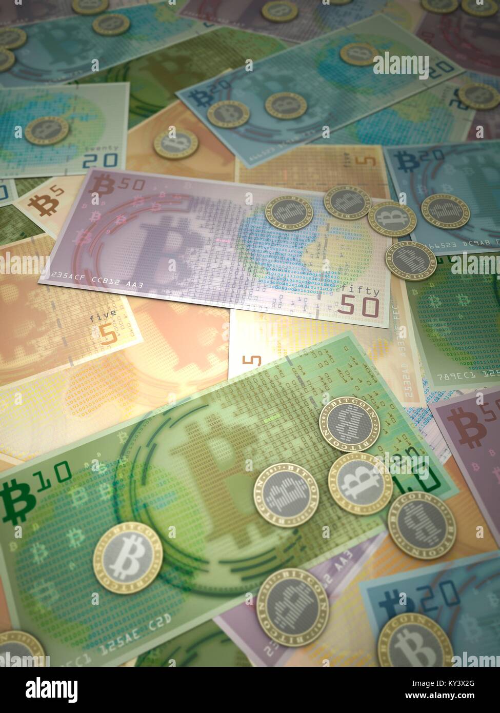 Conceptual illustration representing the bitcoin cryptocurrency as minted coins and printed bills. Bitcoin is a type of digital currency, created in 2009, which operates independently of any bank. Certain vendors now accept Bitcoins as payment of goods or services. Stock Photo