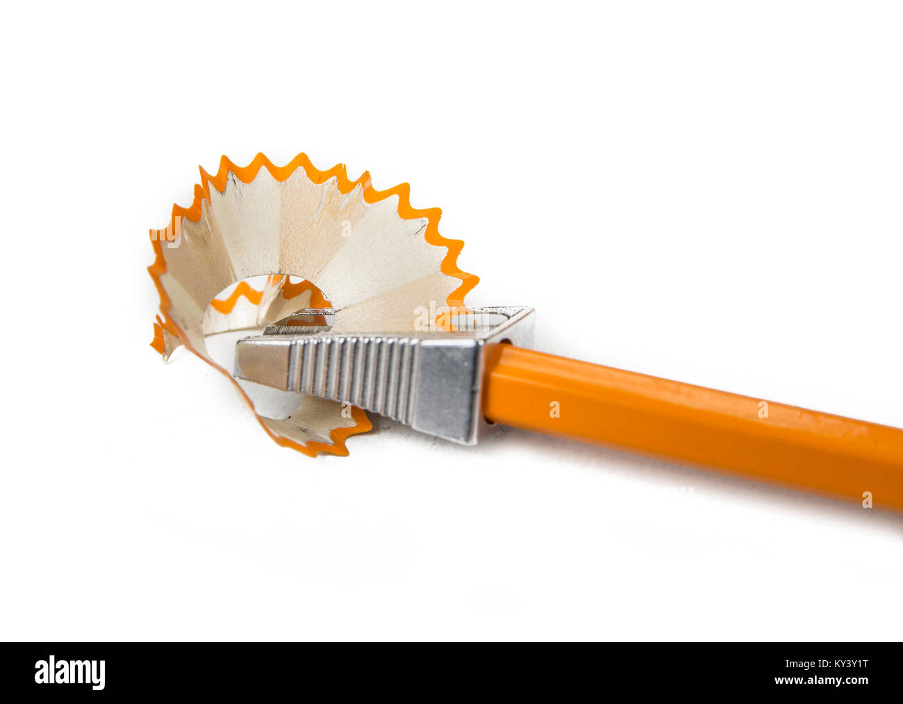 Pencil with pencil shavings and sharpener with eraser Stock Photo