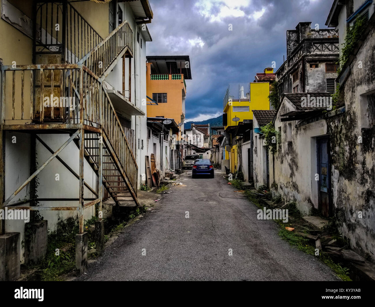 Alley way in Kuala Kubu Bharu with scenic clouds Stock Photo