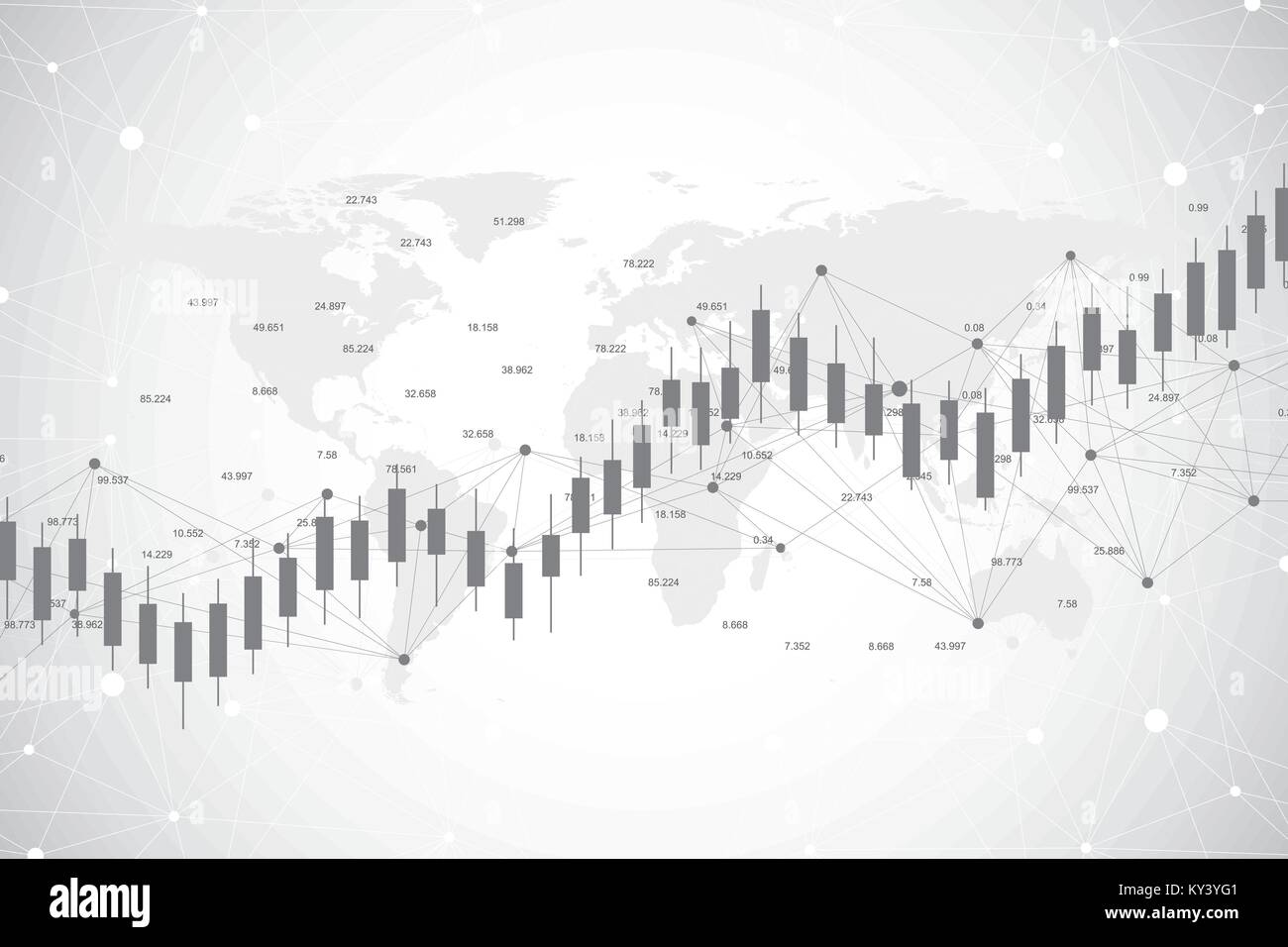 Business candle stick graph chart of stock market investment trading on World map background design. Stock market chart. Bullish point, Trend of graph. Vector illustration. Stock Vector