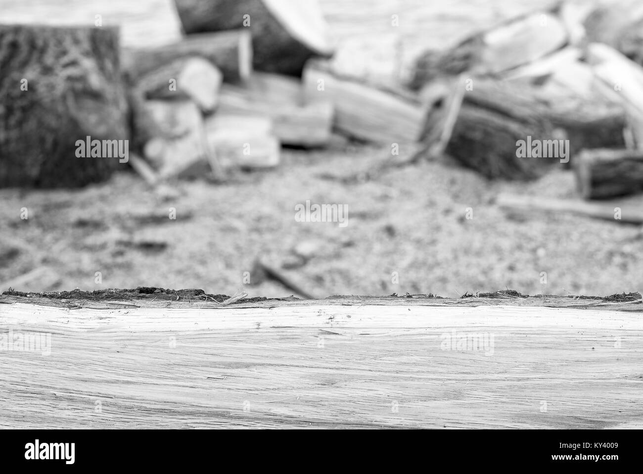 Oak firewood in front of blurry background with copy space, black and white effect Stock Photo