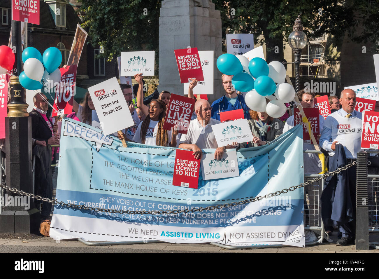 'We need Assisted Living Not Assisted Dying' said protesters in Old Palace Yard against the Assisted Suicide Bill debated in Parliament Stock Photo