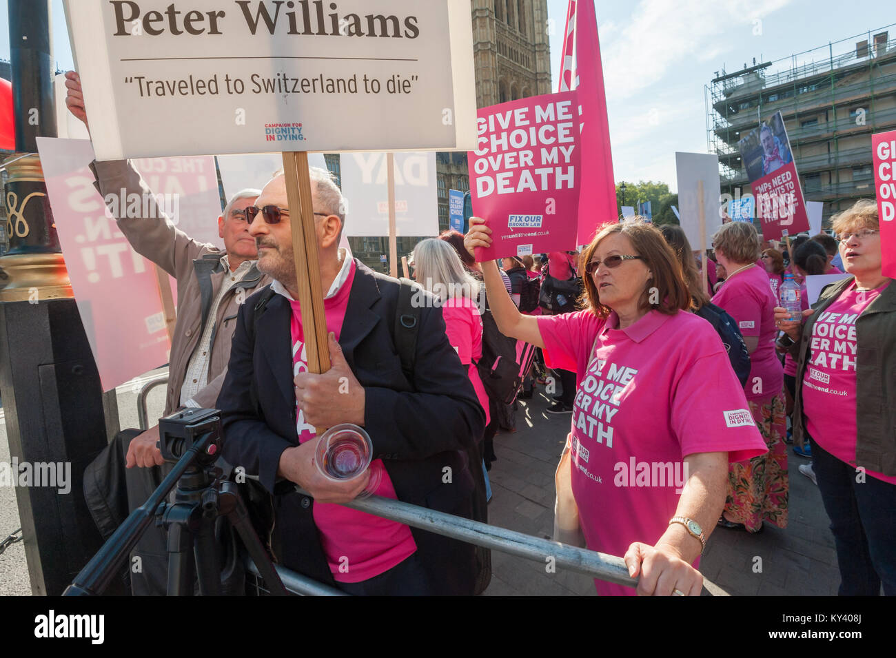 Supporter of the Assisted Suicide Bill being debated in Parliament  with t-shirts, placards and posters. Stock Photo