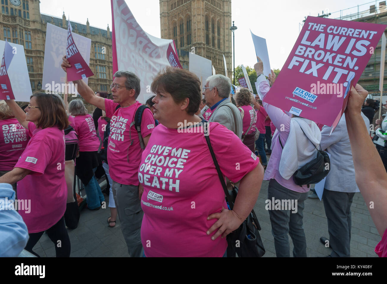 Supporter of the Assisted Suicide Bill being debated in Parliament  with t-shirts, placards and posters. Stock Photo