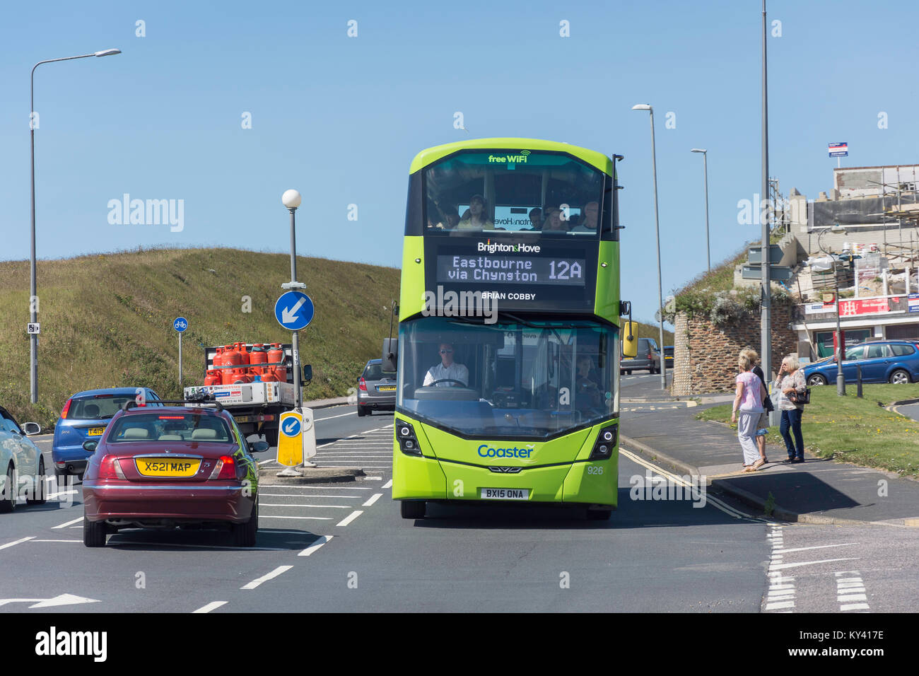 Local Coaster double-decker bus on Marine Drive coastal road, Saltdean, East Sussex, England, United Kingdom Stock Photo
