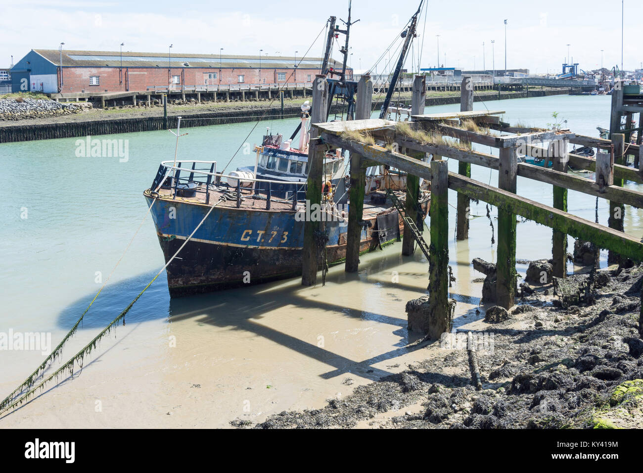 Old fishing boat moored on River Ouse, West Quay, Newhaven, East Sussex, England, United Kingdom Stock Photo