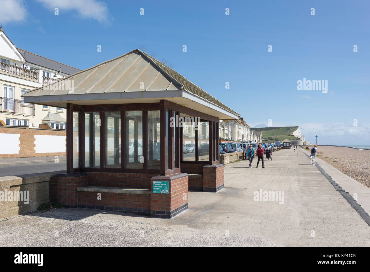 View of beach promenade and Seaford Head, Seaford, East Sussex, England, United Kingdom Stock Photo