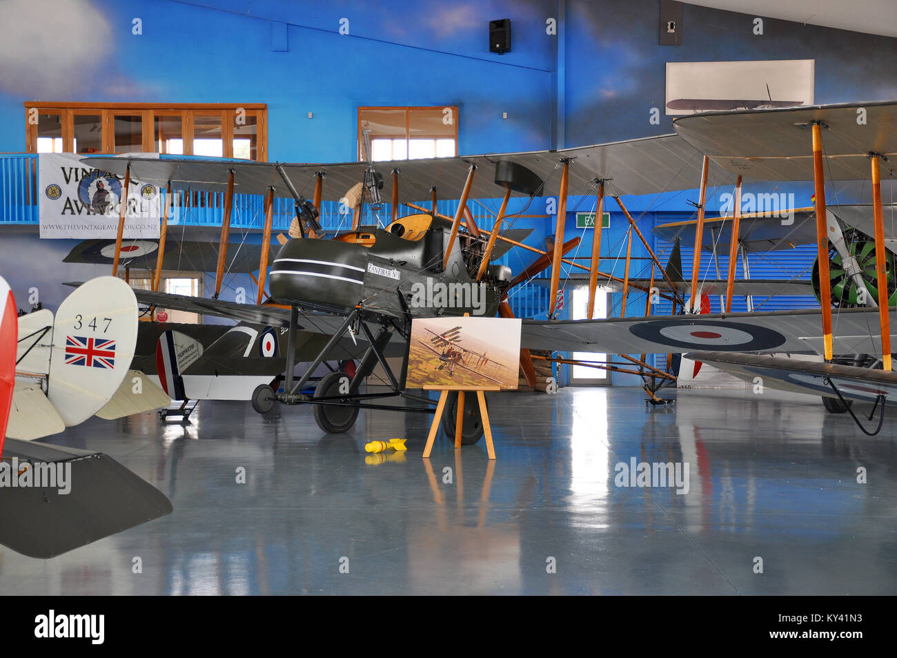 The Vintage Aviator Ltd hangar at Hood Aerodrome, Masterton, New Zealand with World War One reproduction aircraft and exhibits. Planes Stock Photo