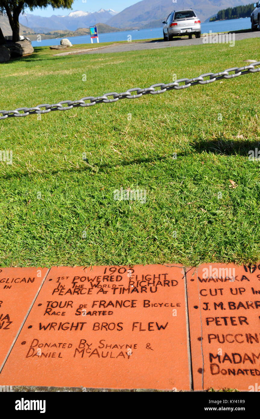 Richard Pearce, 1903 first powered flight claim commemoration tile at Wanaka, before Wright brothers flight. Otago region, New Zealand Stock Photo