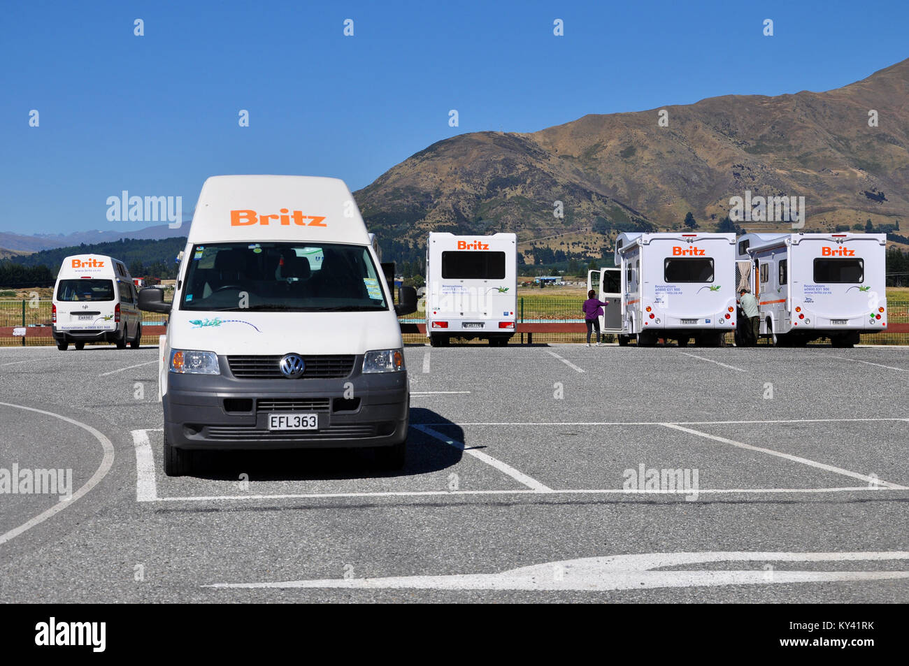 Britz motorhomes campervans motor homes camper vans parked in an attraction car park in Wanaka, Otago, New Zealand. Puzzling World carpark Stock Photo