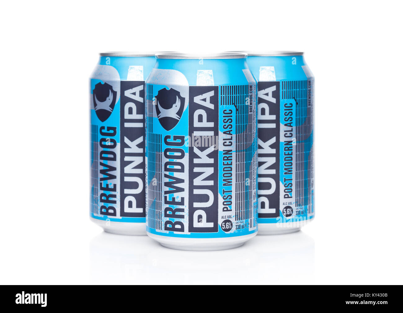 LONDON, UK - JANUARY 02, 2018: Aluminium cans of Brewdog Punk Ipa beer post modern classic, from the Brewdog brewery on white background. Stock Photo