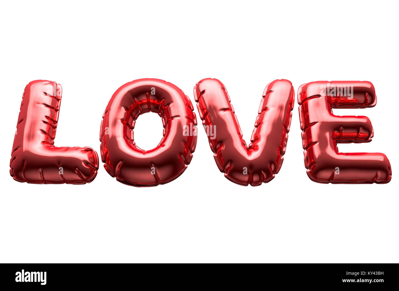 A set of four metallic balloon letters spelling the word love to commemorate valentines day on an isolated white background - 3D render Stock Photo