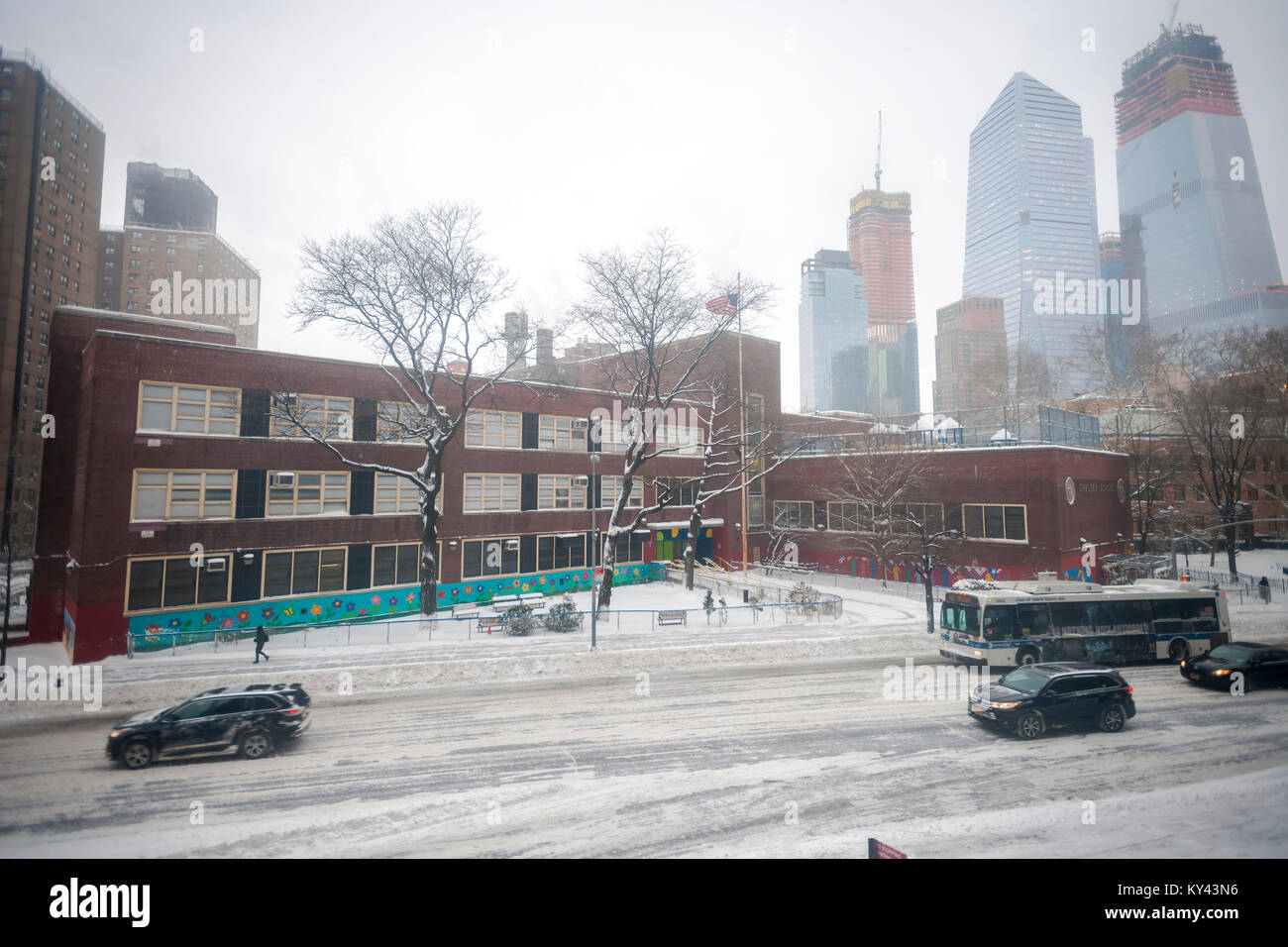 A closed PS 33 in the Chelsea neighborhood of New York during the 'bomb cyclone' weather event on Thursday, January 4, 2018. New York Mayor Bill De Blasio closed the schools because of the storm which promised to dump up to 8 inches of snow in the city. The schools, however, will be open tomorrow.  (Â© Richard B. Levine) Stock Photo