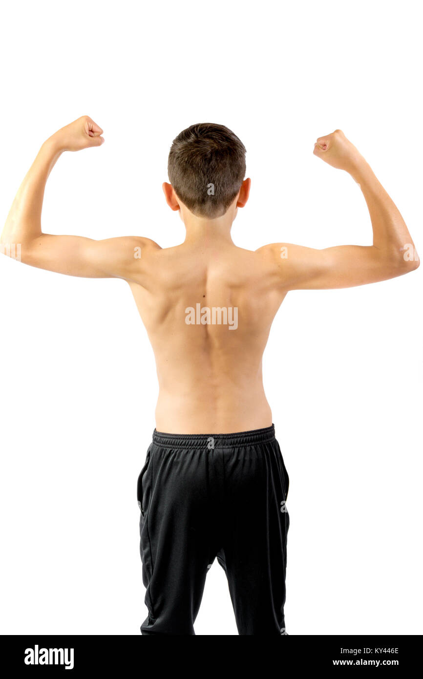 Shirtless teenage boy flexing his back muscles isolated on a white  background Stock Photo - Alamy