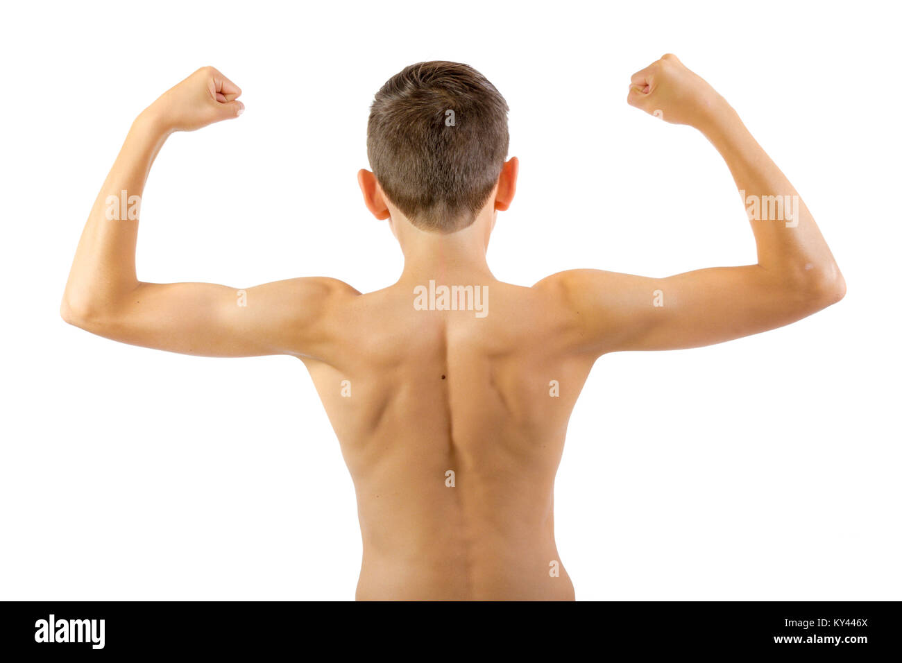 Shirtless teenage boy flexing his back muscles isolated on a white  background Stock Photo - Alamy