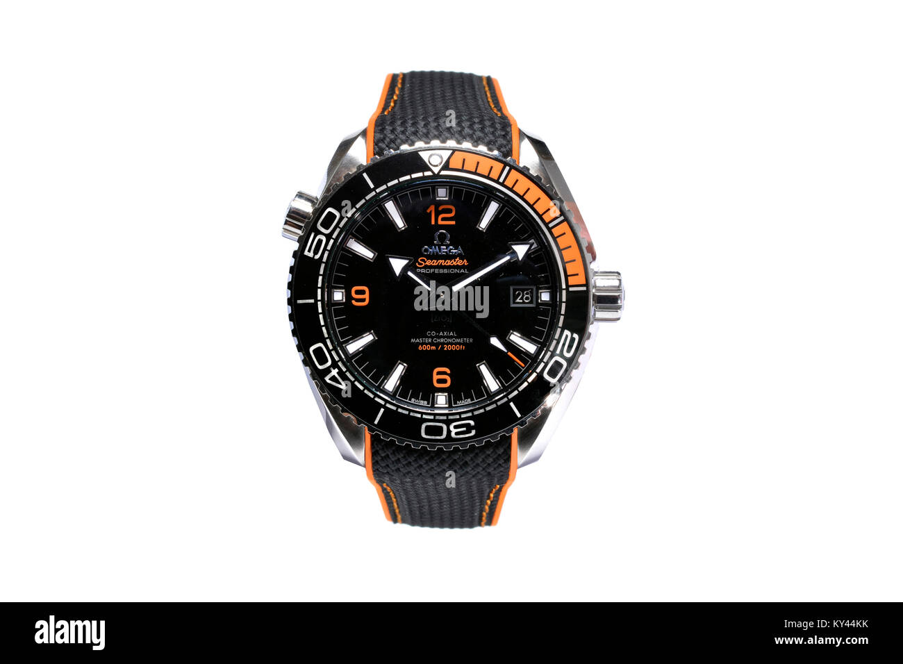 Omega Seamaster stainless steel man's watch with a black and orange face and braided nylon wrist band Stock Photo