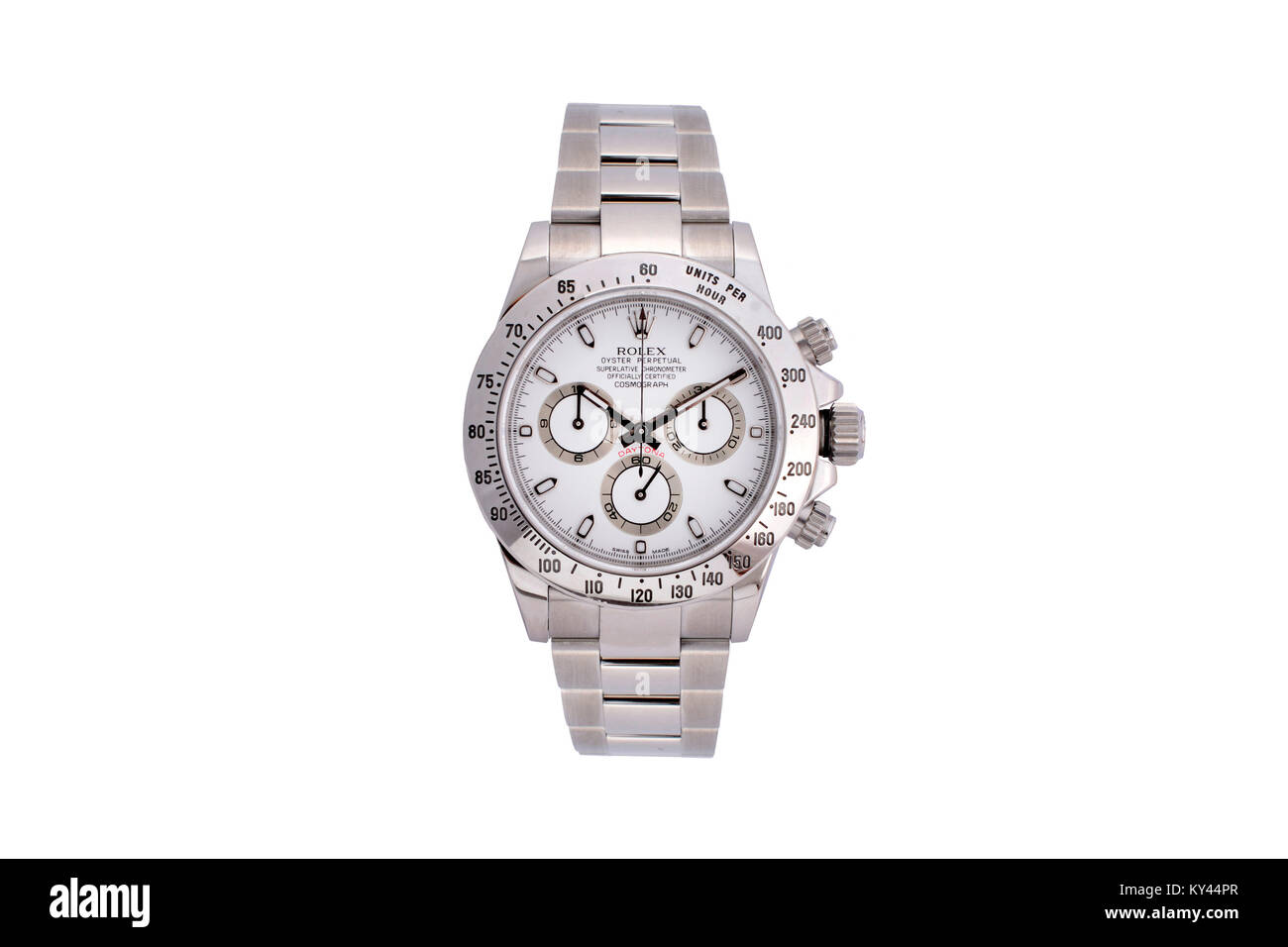 Rolex Daytona Cosmograph stainless steel man's watch with white face Stock Photo