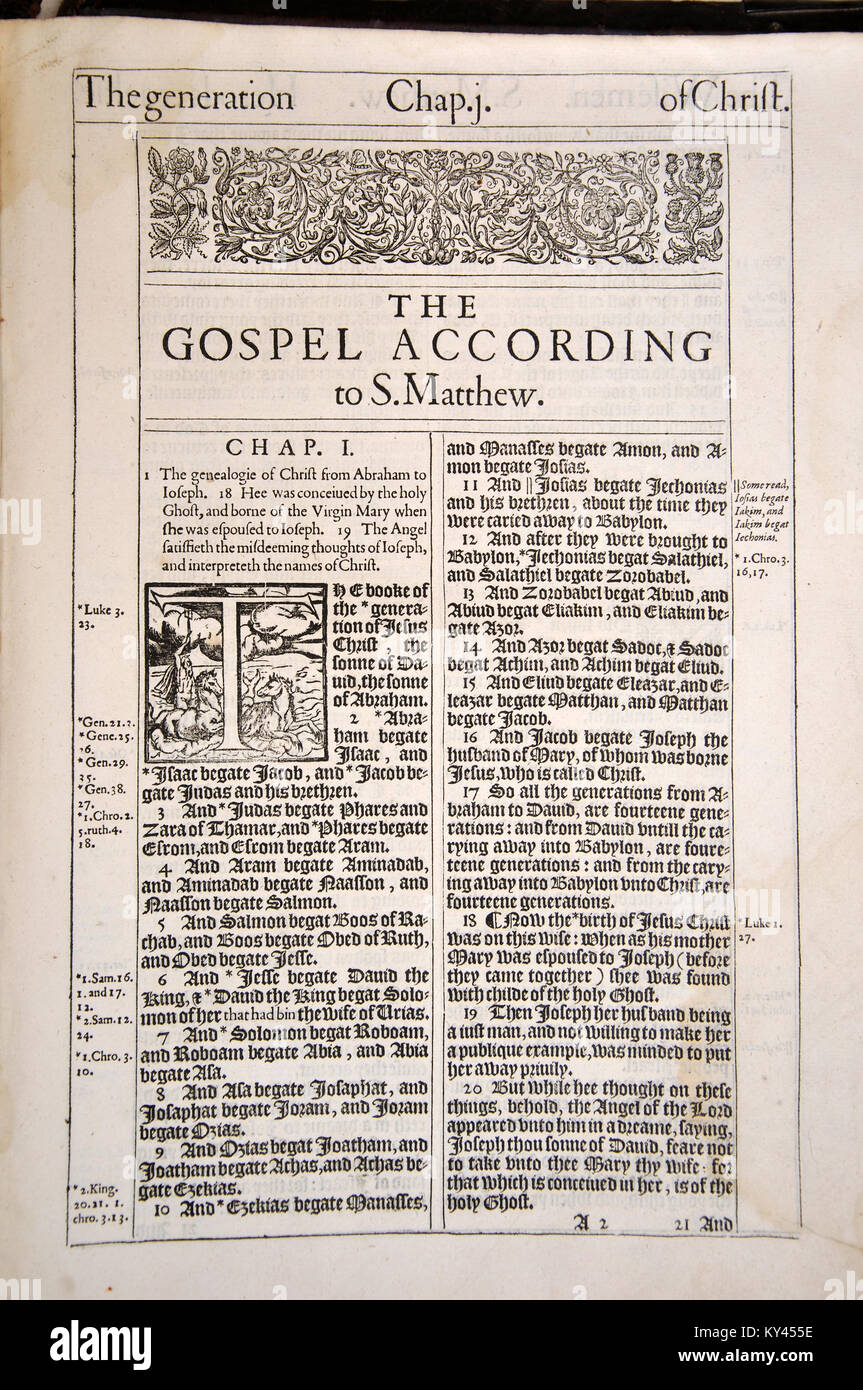 1611 Edition of the King James Version of the Holy Bible, open at the first page of the New Testament. From the Reed Rare Books Collection at Dunedin Public Library, Dunedin, New Zealand. Stock Photo