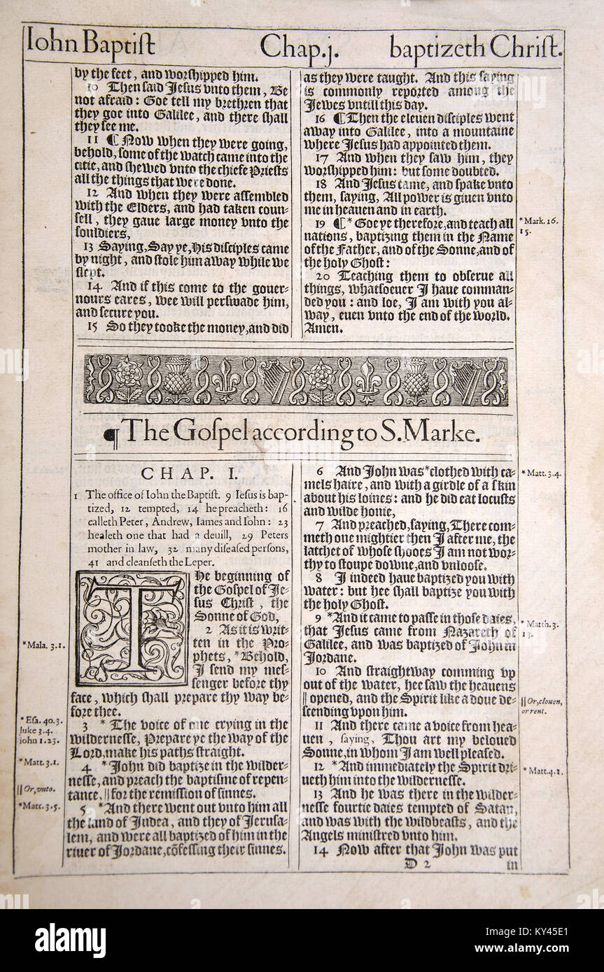 1611 Edition of the King James Version of the Holy Bible, open at the first page of the Gospel of Mark in the New Testament. From the Reed Rare Books Collection at Dunedin Public Library, Dunedin, New Zealand. Stock Photo