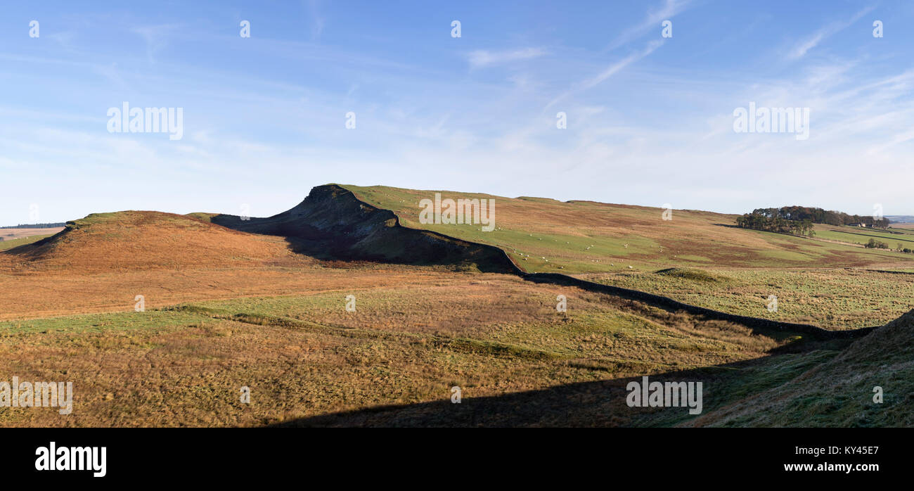 Hadrian's Wall: a panoramic view of Sewingshields Crags, seen from King's Hill to the south-west. Stock Photo