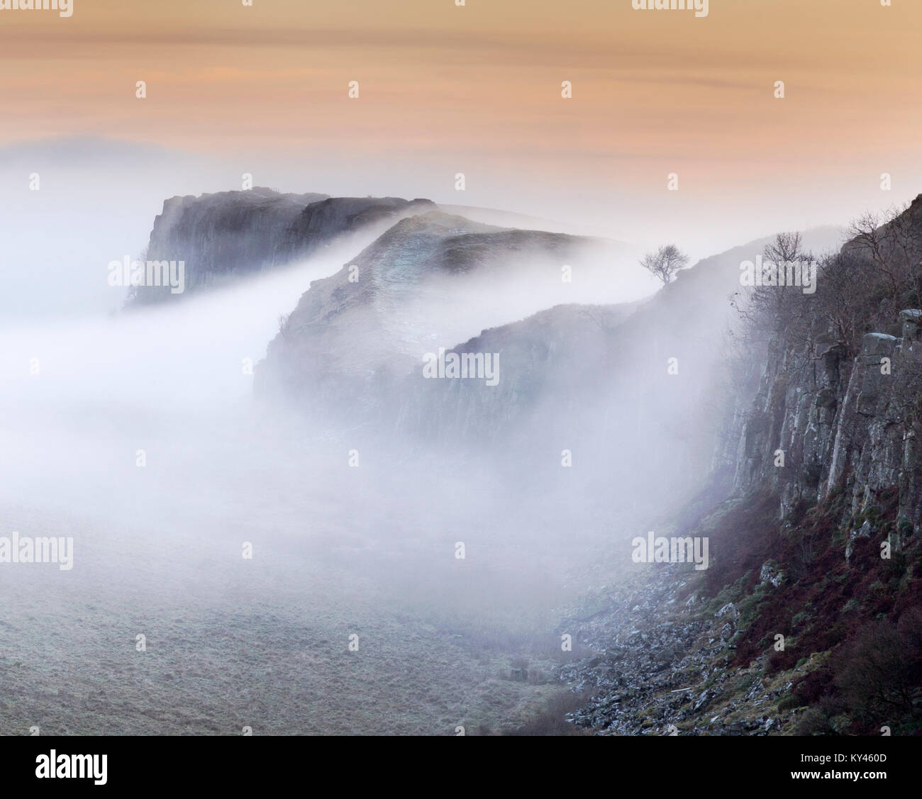 Steel Rig Viewpoint Hadrian's Wall: the view from Steel Rigg on a misty winter's morning at ...