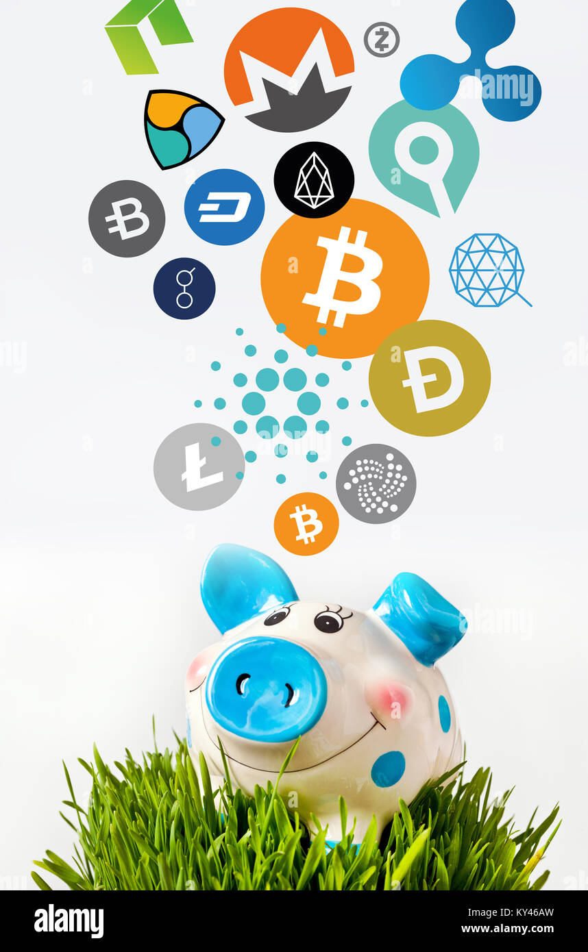 Virtual cryptocurrency - financial technology and internet money - piggy bank and coin signs Stock Photo