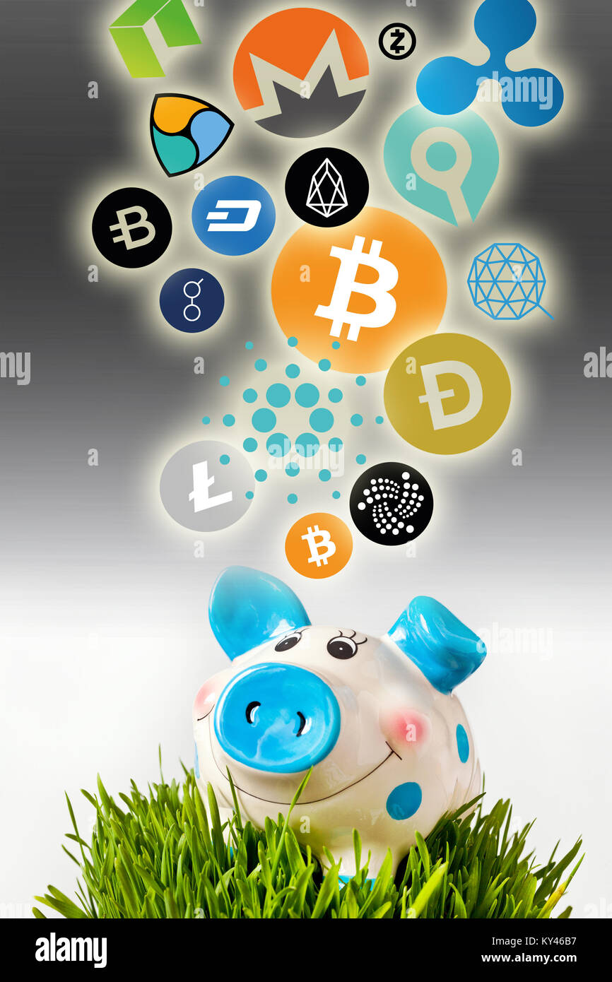 Virtual cryptocurrency - financial technology and internet money - piggy bank and coin signs Stock Photo