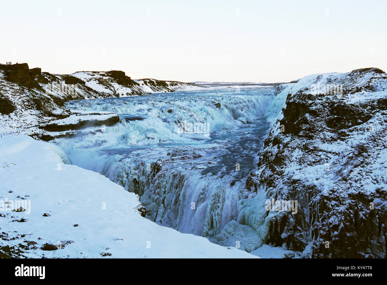 Image of the Gulfoss Waterfalls on the Hvita Olfusa river in Iceland during Winter. The falls are a much visited tourist attraction in Iceland on the Golden Circle. 2018 image Stock Photo