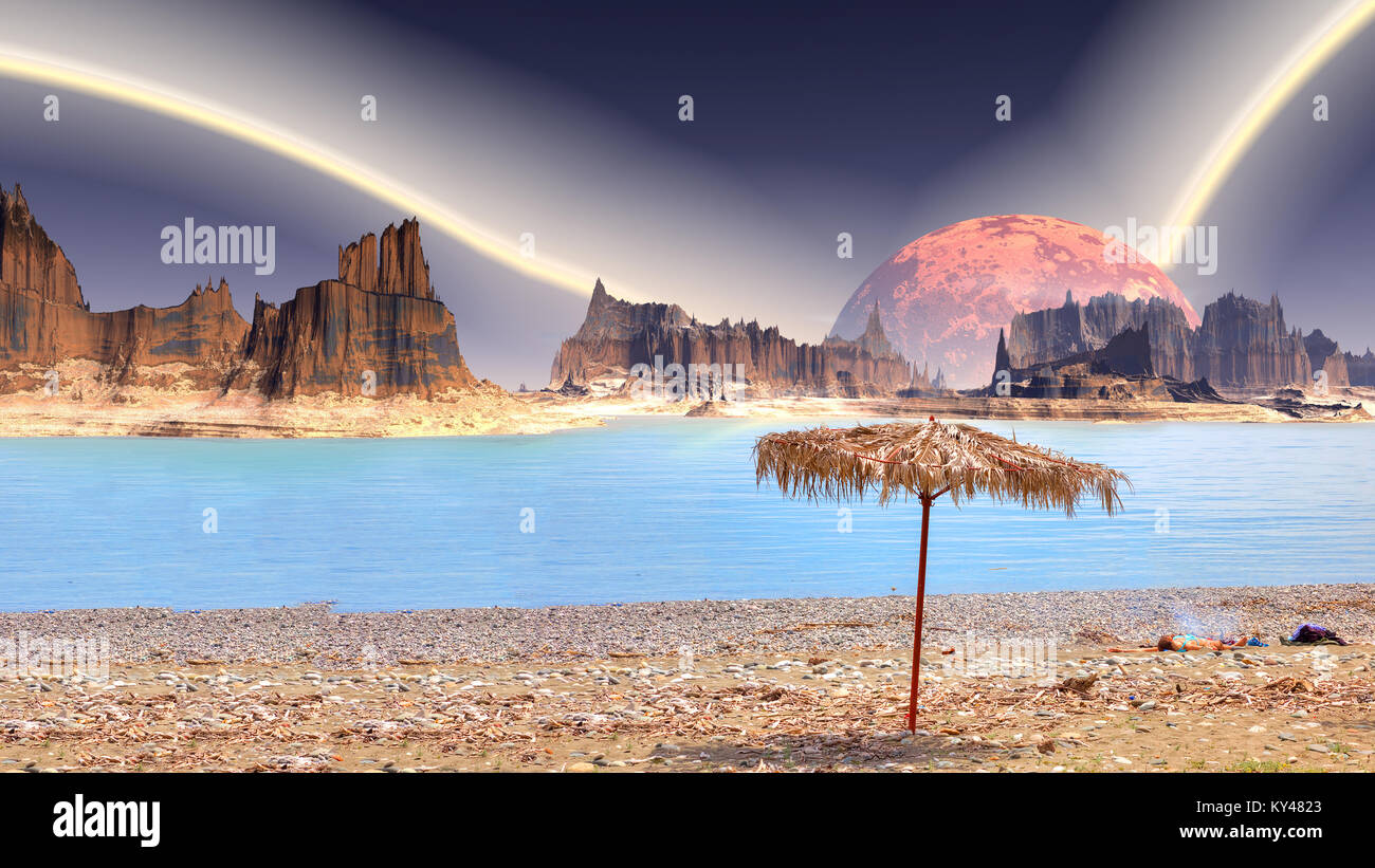 Collage. Sandy shore on the shore of a pond on an alien planet Stock Photo