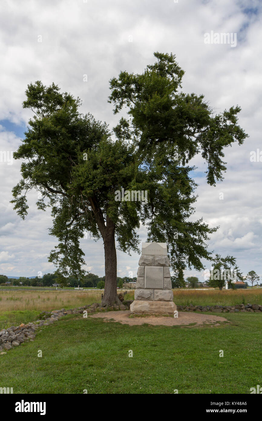 The 71st Pennsylvania Volunteer Infantry Regiment Monument marking The Angle, Gettysburg National Military Park, Pennsylvania, United States. Stock Photo