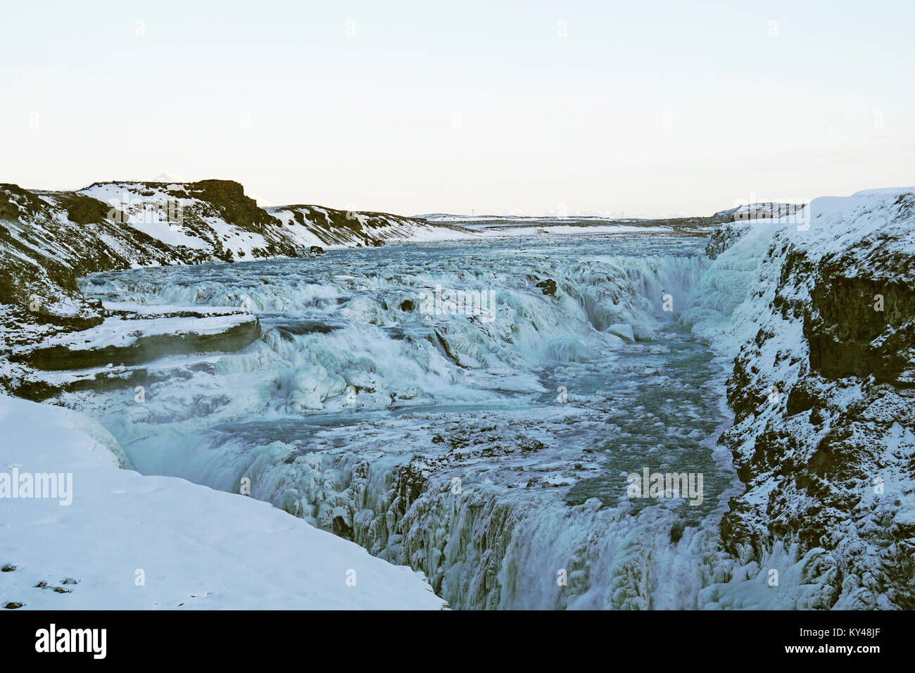 Image of the Gulfoss Waterfalls on the Hvita Olfusa river in Iceland during Winter. The falls are a much visited tourist attraction in Iceland on the Golden Circle. 2018 image Stock Photo