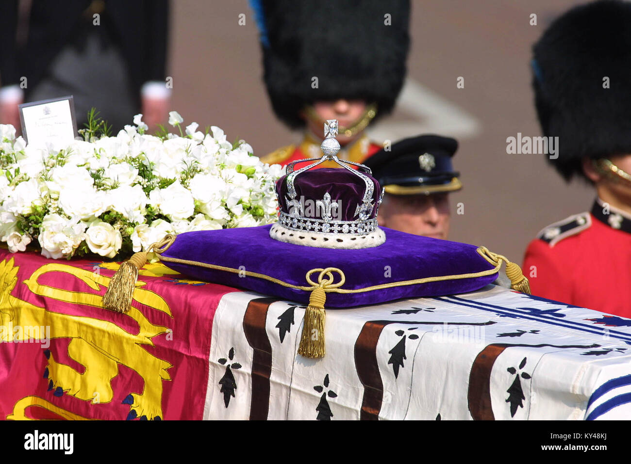 The coffin carrying the Queen Mother departs from St. James Palace, followed by members of the Royal Family. Stock Photo