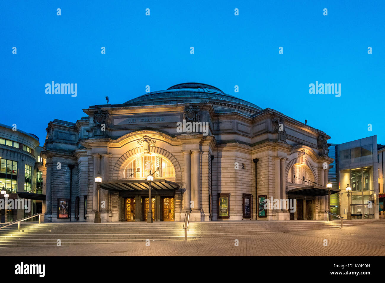Night view of exterior of Usher Hall theatre in Edinburgh, Scotland, United Kingdom Stock Photo