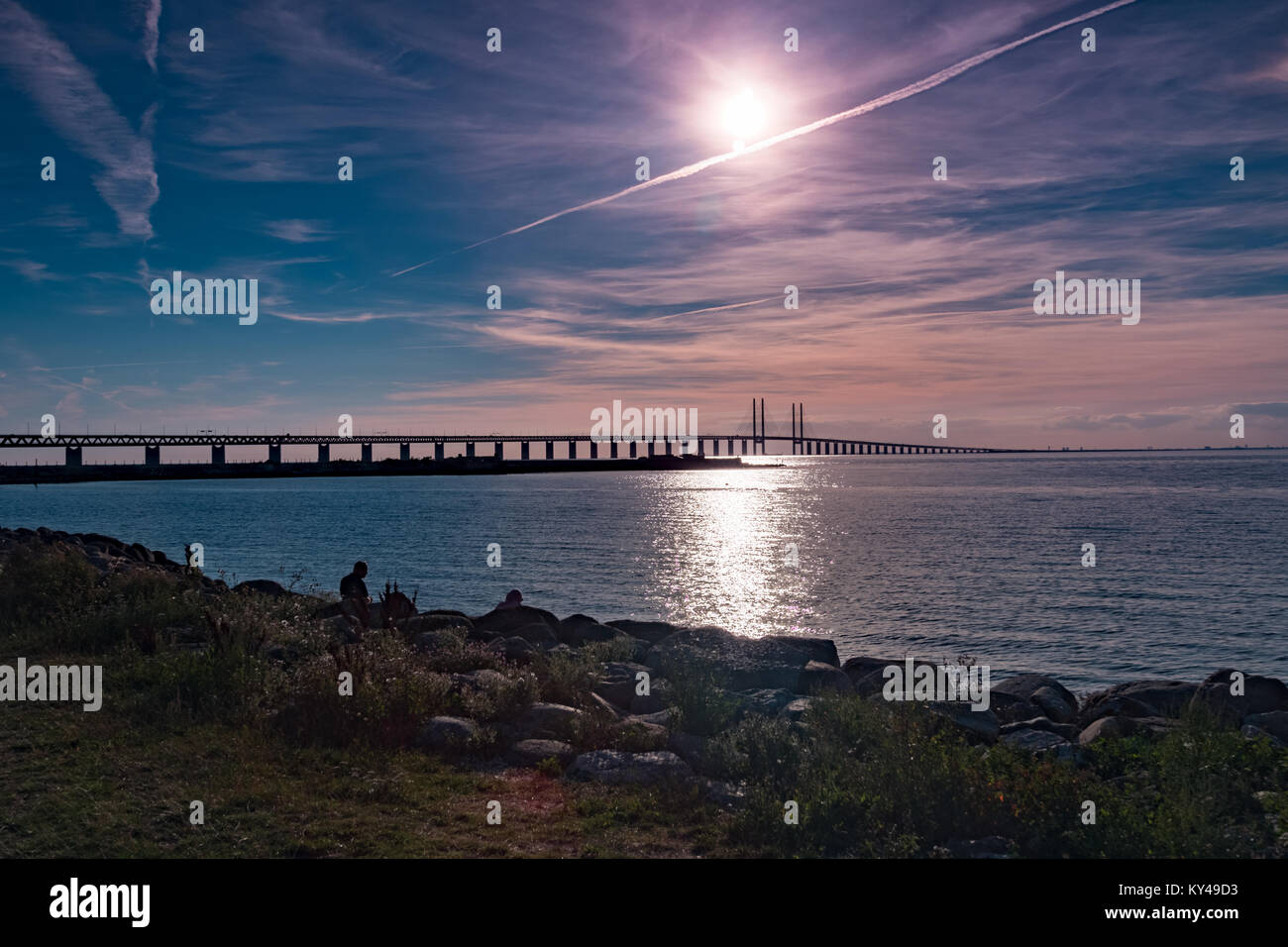 The Øresund Bridge is a combined road and rail bridge that connects Copenhagen with Malmö. Stock Photo