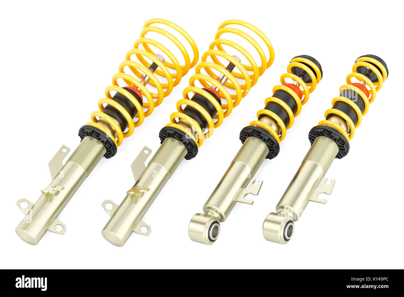 set of front and rear shock absorbers, 3D rendering isolated on white ...