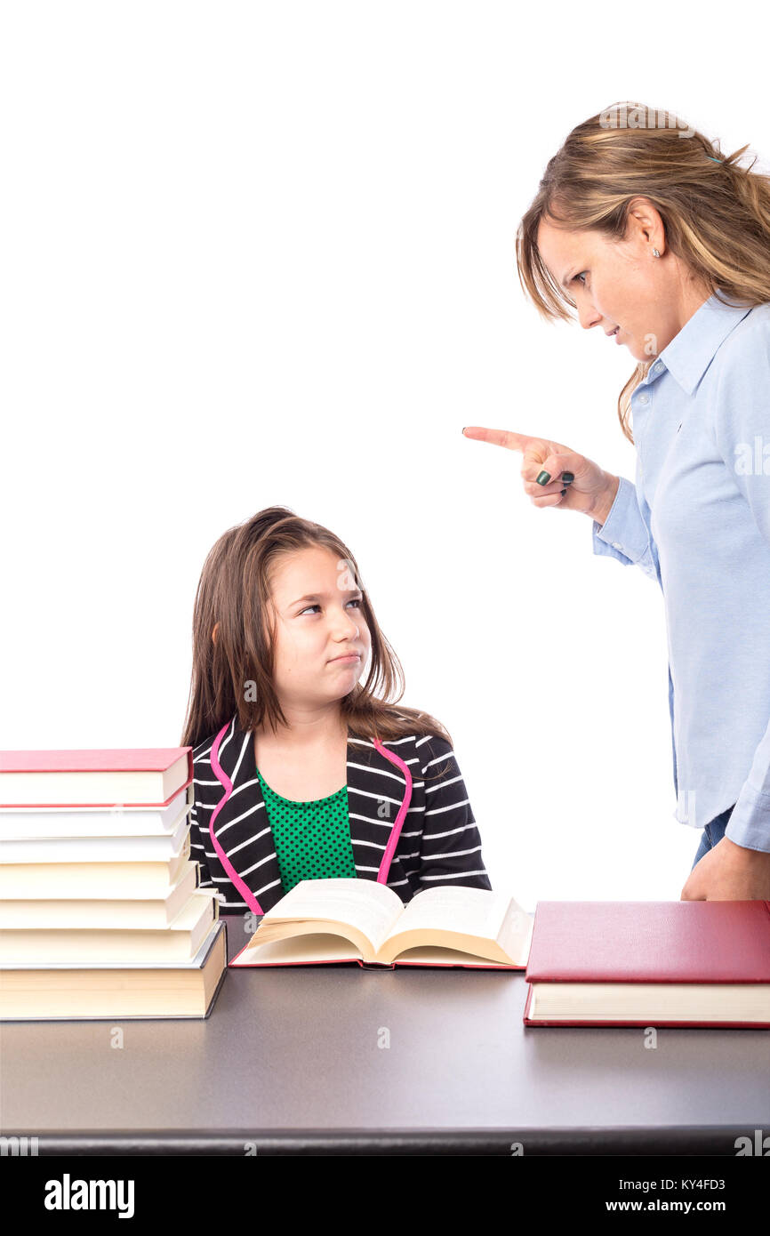 Portrait Of Angry Menacing Teacher Threatening Her Student Isolated