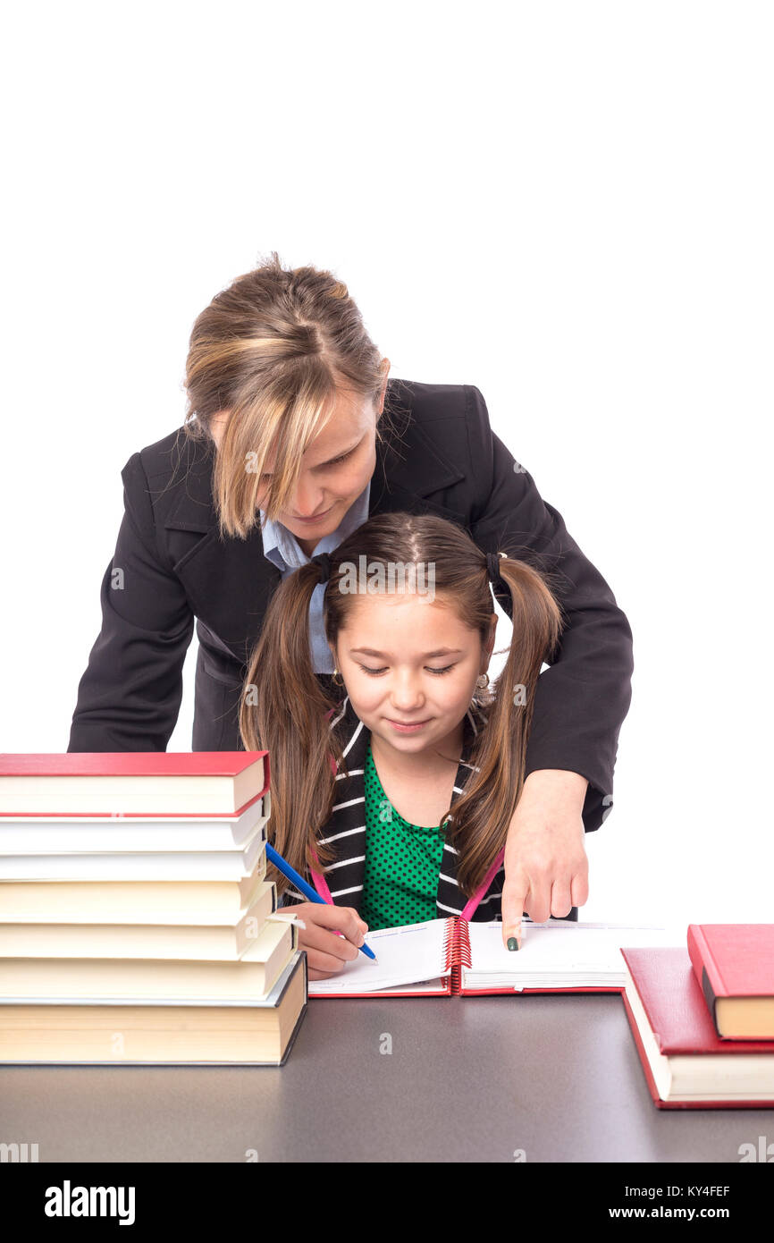 Teacher and student doing together homework isolated over white ...