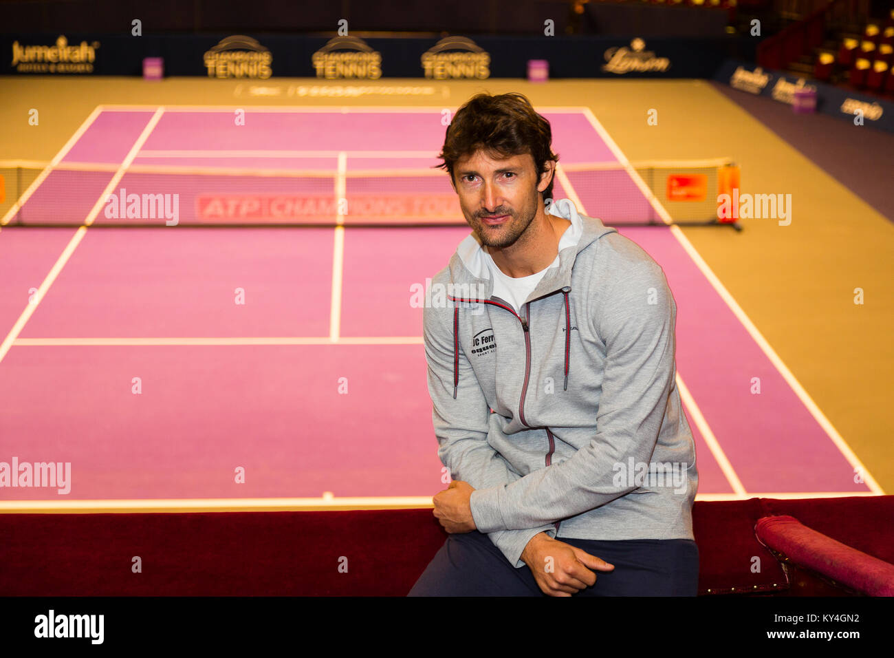London, UK. Juan Carlos Ferrero poses during a photocall to mark the launch of the Champions' Tennis tournament at the Royal Albert Hall. Stock Photo