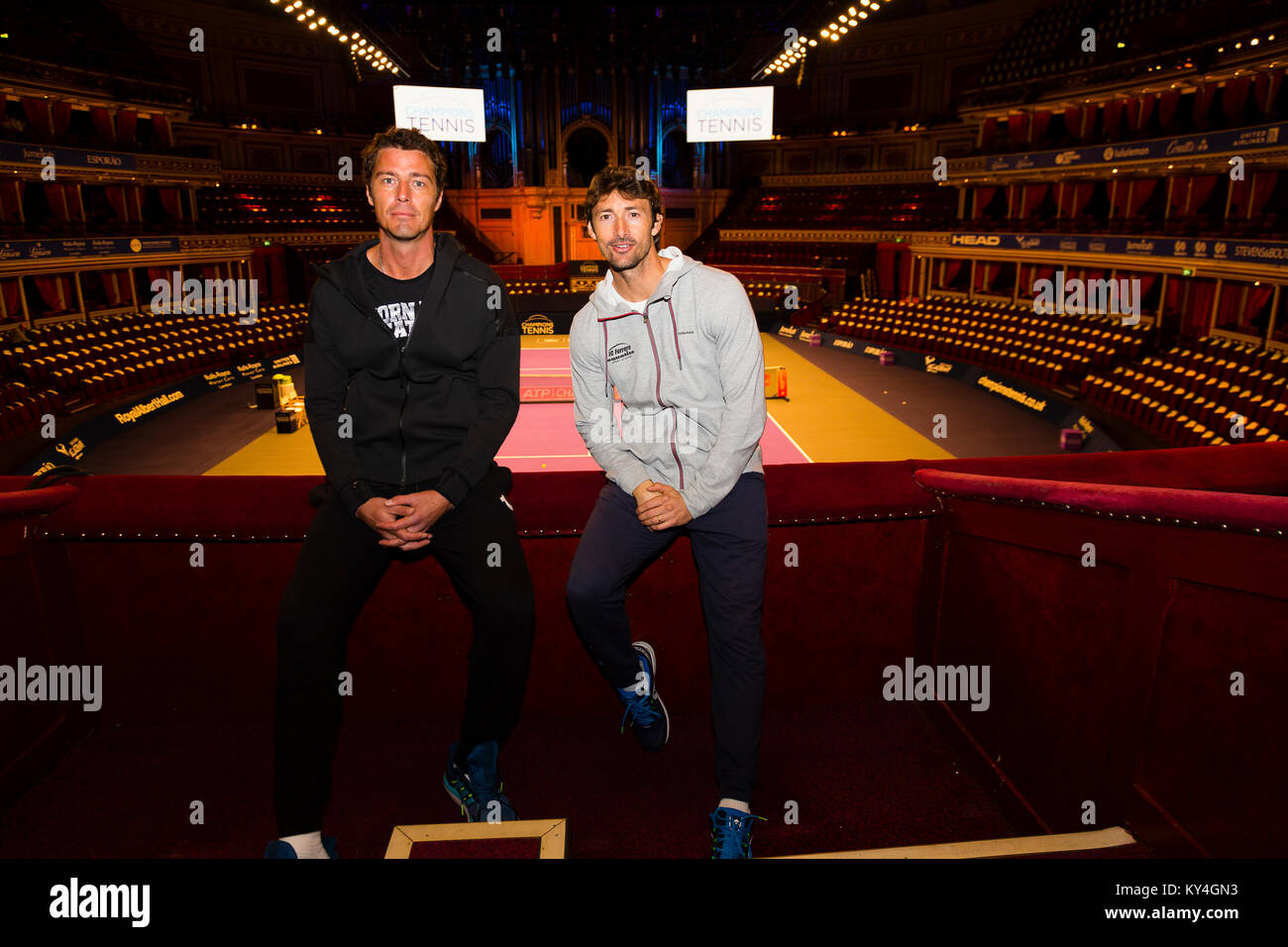 London, UK. Juan Carlos Ferrero and Marat Safin pose during a photocall to mark the launch of the Champions' Tennis tournament at the Royal Albert Hal Stock Photo