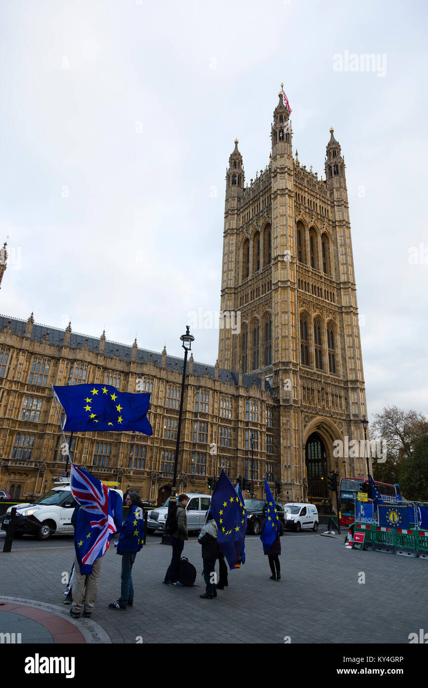 London, UK. Small anti-Brexit protest outside the Houses of Parliament on a chilly afternoon. Stock Photo