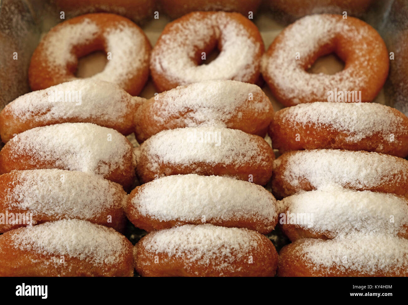 Close up many fresh ring donuts with sugar powder in retail display box, high angle view Stock Photo