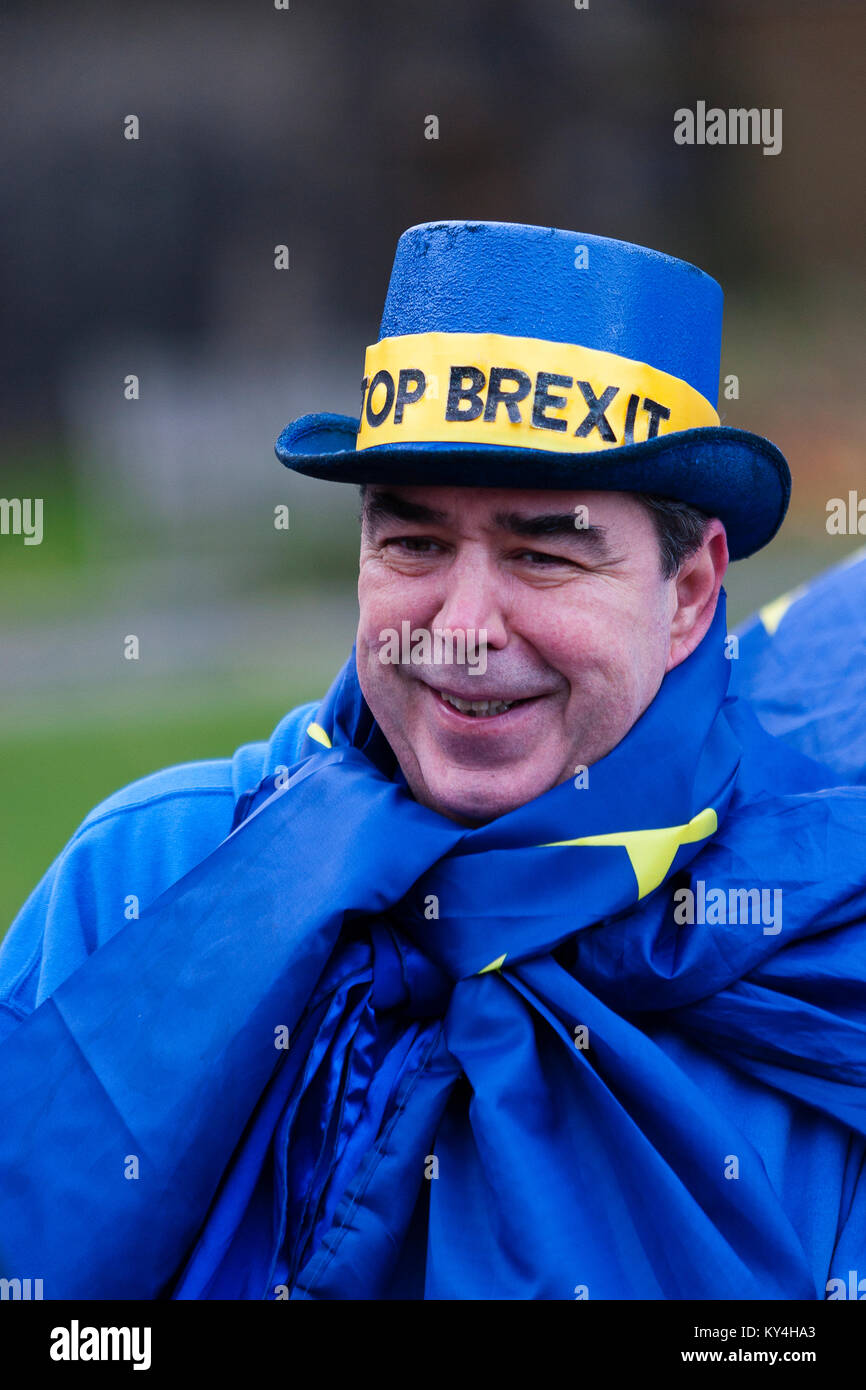 London, UK. A man wearing a 'Stop Brexit' hat outside the Houses of Parliament. Stock Photo