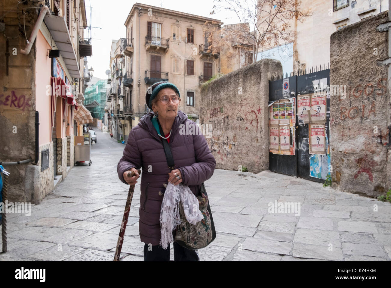 The food market area of Ballaro in Palermo, the capital of Sicily, Italy. For millennia, Sicily has been a stop on the Mediterranean trade routes, and Stock Photo